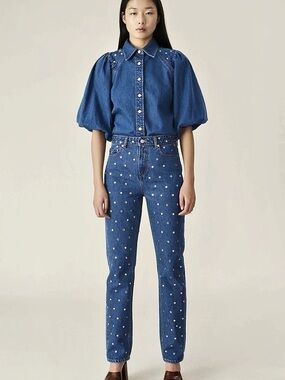 GANNI Studded High-Rise Straight-Leg Jeans Studded Straight Leg Jeans in Blue